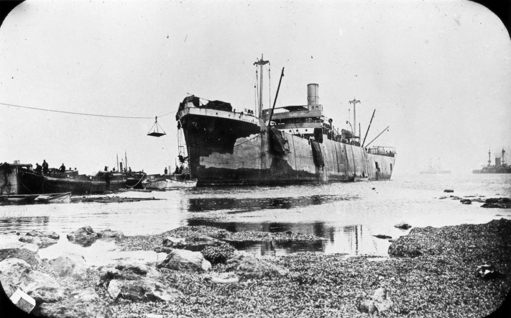 The ship `River Clyde' at V Beach, Cape Helles.
